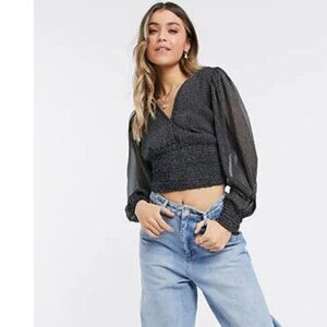 ABERCROMBIE & FITCH SZ XXS Black & White Speckled Print Smocked Chiffon Blouse